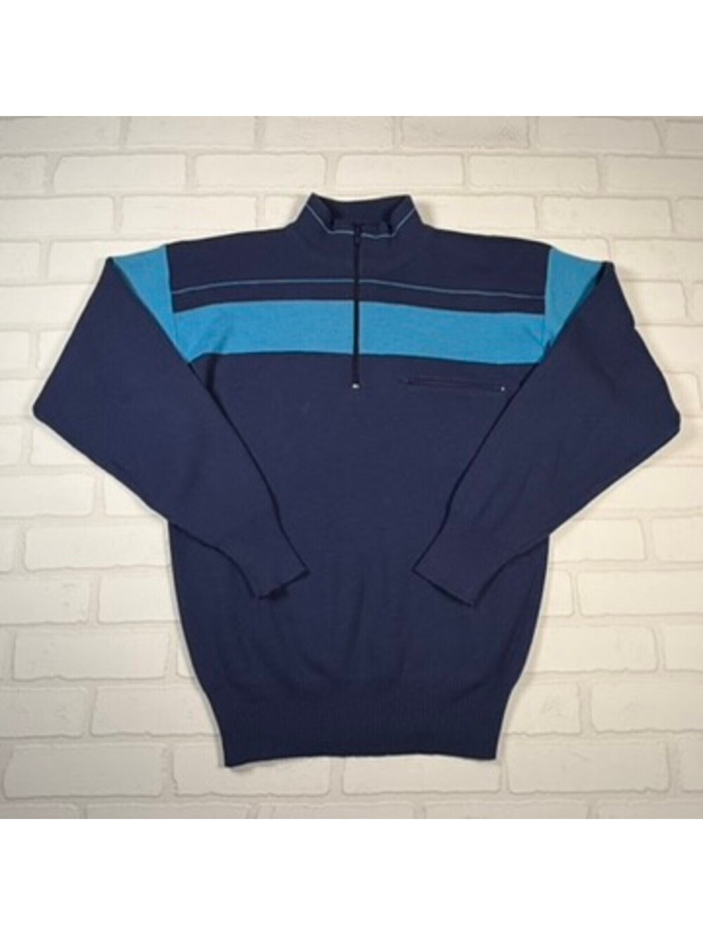 Vintage 70s Slalom Pure Wool Mark Striped Half Zip Wool Sweater Size Medium